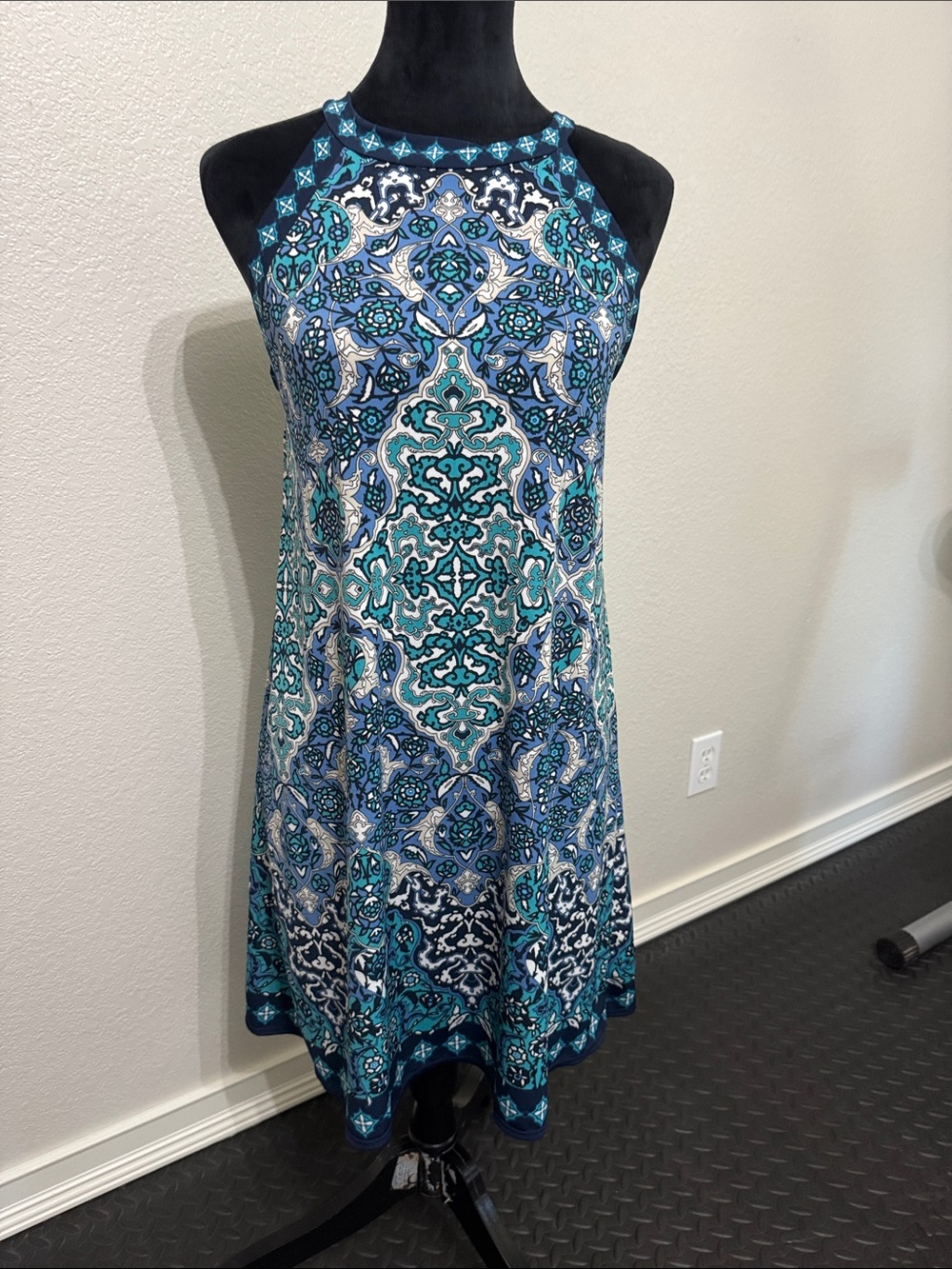 Max Studio Blue & Teal Halter-Style Printed Mini Dress